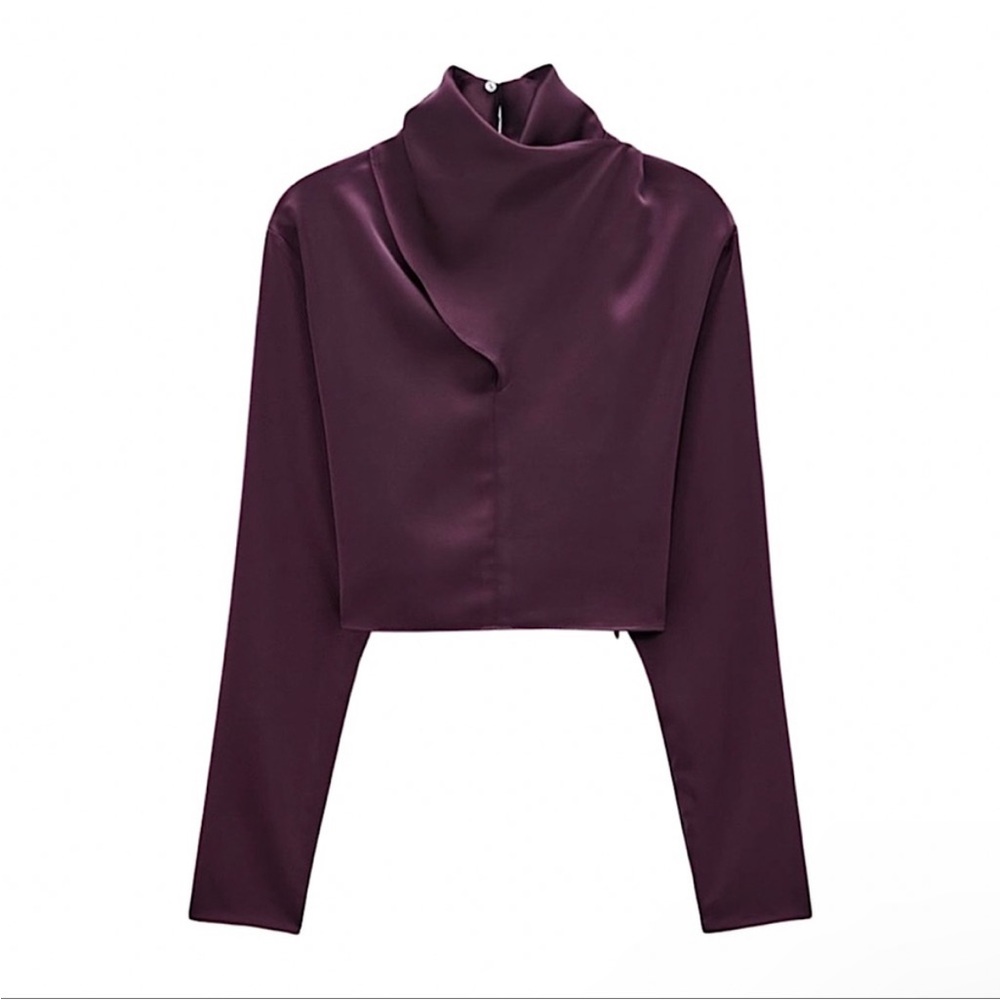 Zara Satin Drapey Crop Top Blouse with Long Sleeves size xs